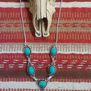 Vintage Southwestern Sterling Silver (5)-Turquoise Gemstones Pendant Necklace